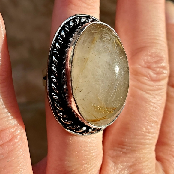 New Huge Golden Rutile Quartz 925 Silver Statement Ring. - Picture 11 of 16
